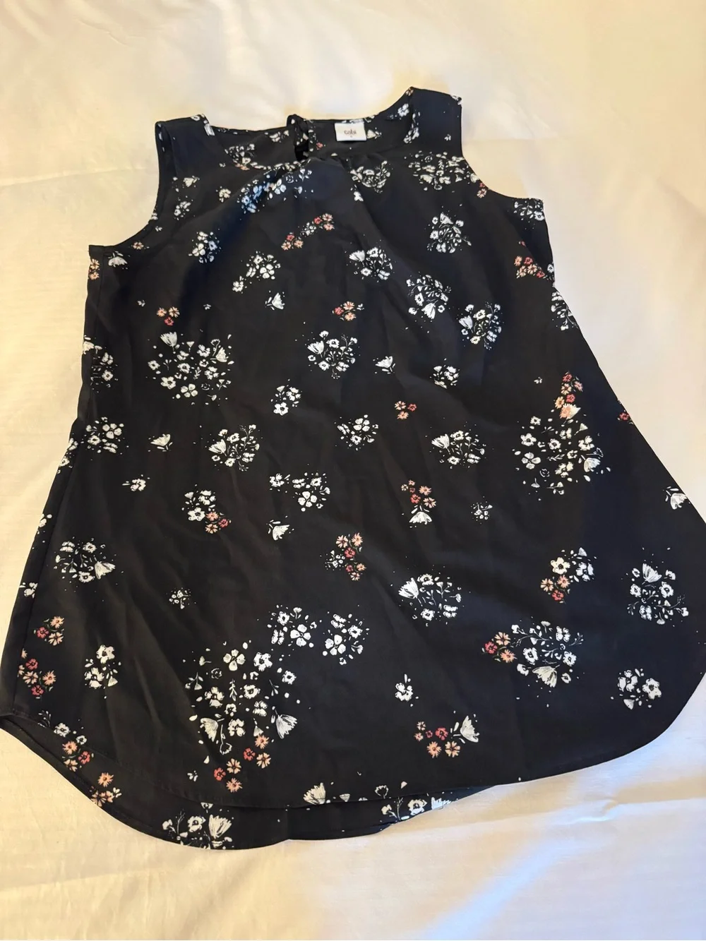 CAbi Black Floral Sleeveless women’s blouse with White and Pink Blossoms - Picture 4 of 4